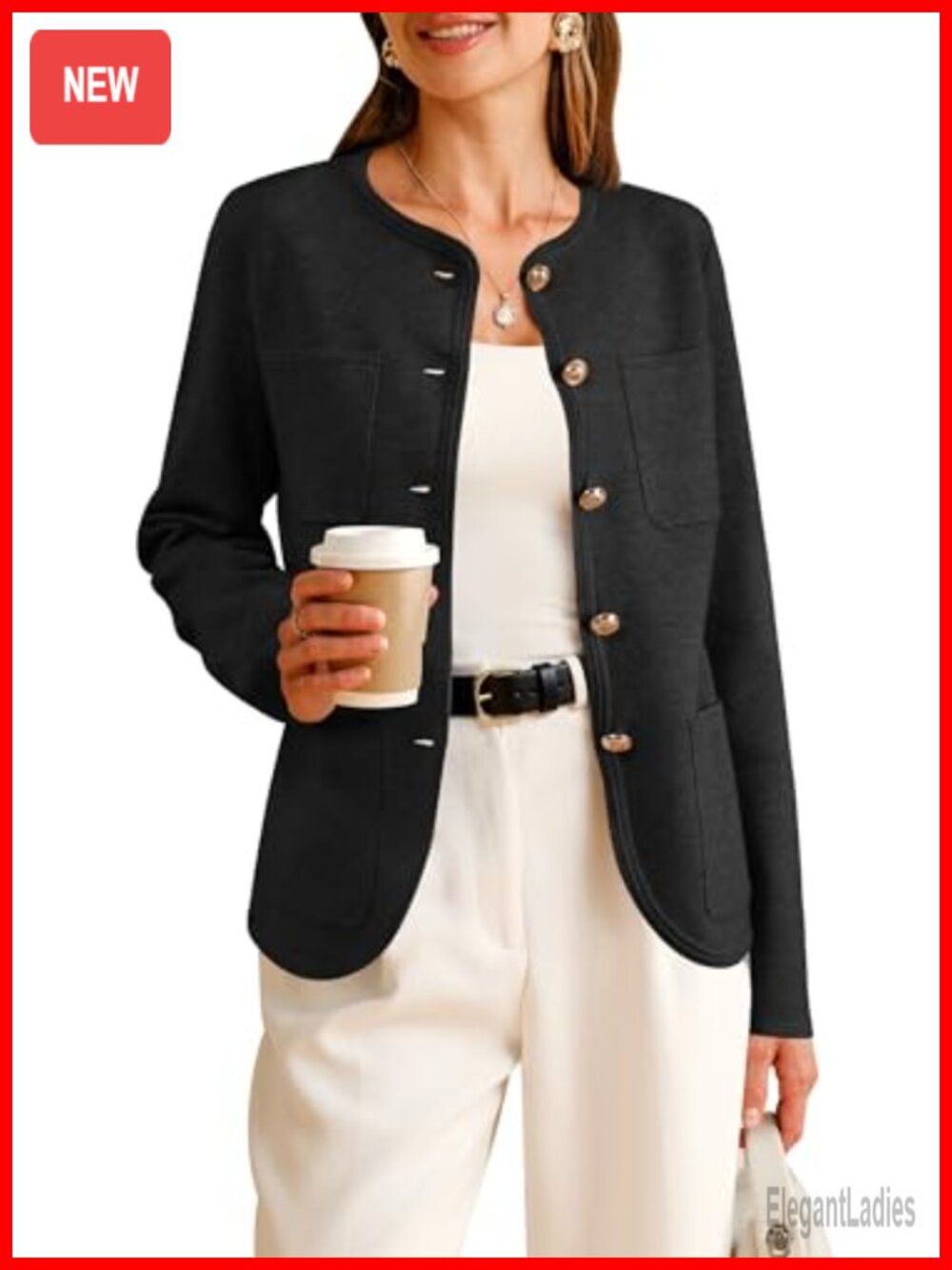 Women's Wool Blend Collarless Blazer 4 Pockets Business Casual